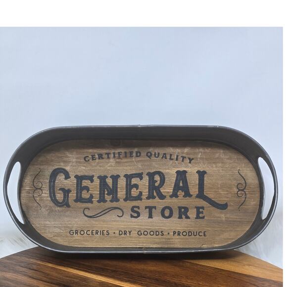 Trinket Fruit Holder Farm Kitchen Oval General Store Wood Tin Decorative Dish - Picture 1 of 7